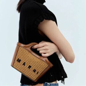 Marni Tropicalia Micro Rawsienna Raffia & Leather Tote Bag Crossbody Logo